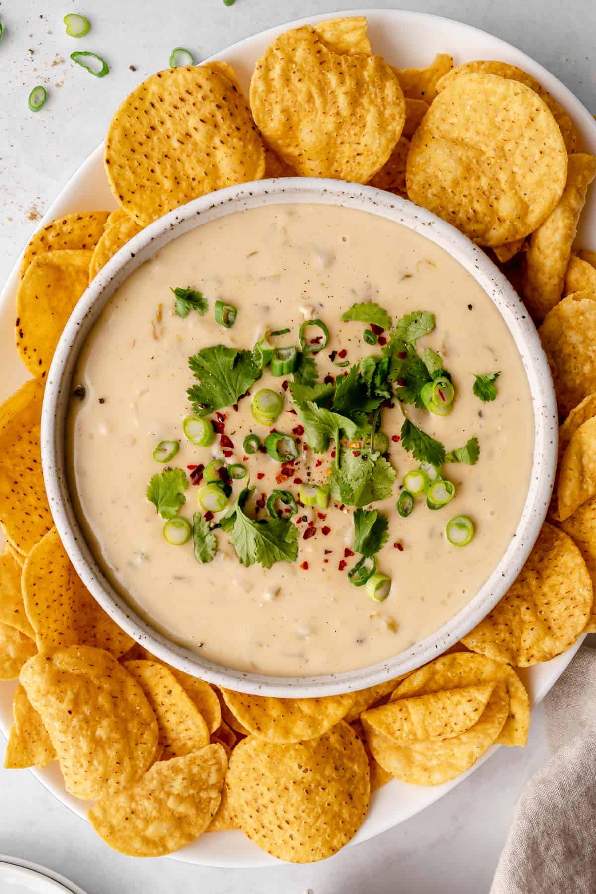 Bowl of Monterrey jack queso in a bowl, garnished with green onions and cilantro and corn tortilla chips around it. 