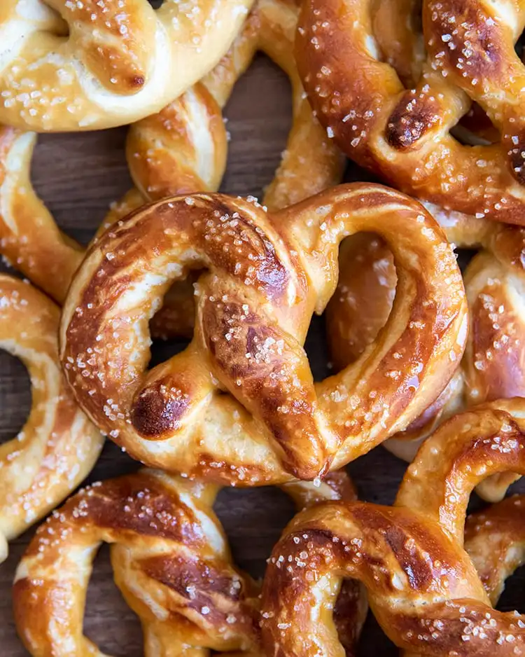Golden brown soft pretzels with sea salt on top. 