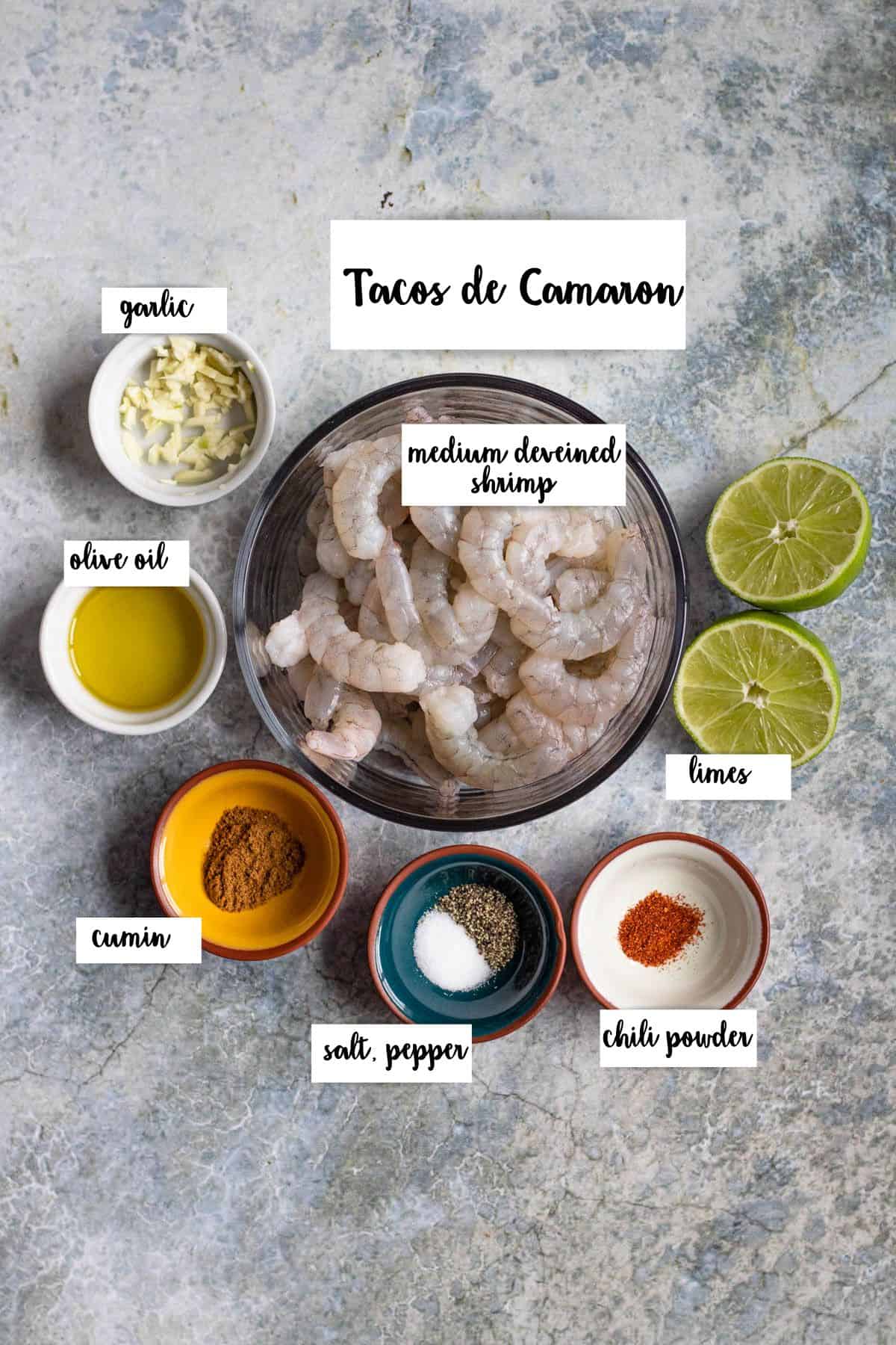 Ingredients shown are used to prepare shrimp tacos. 