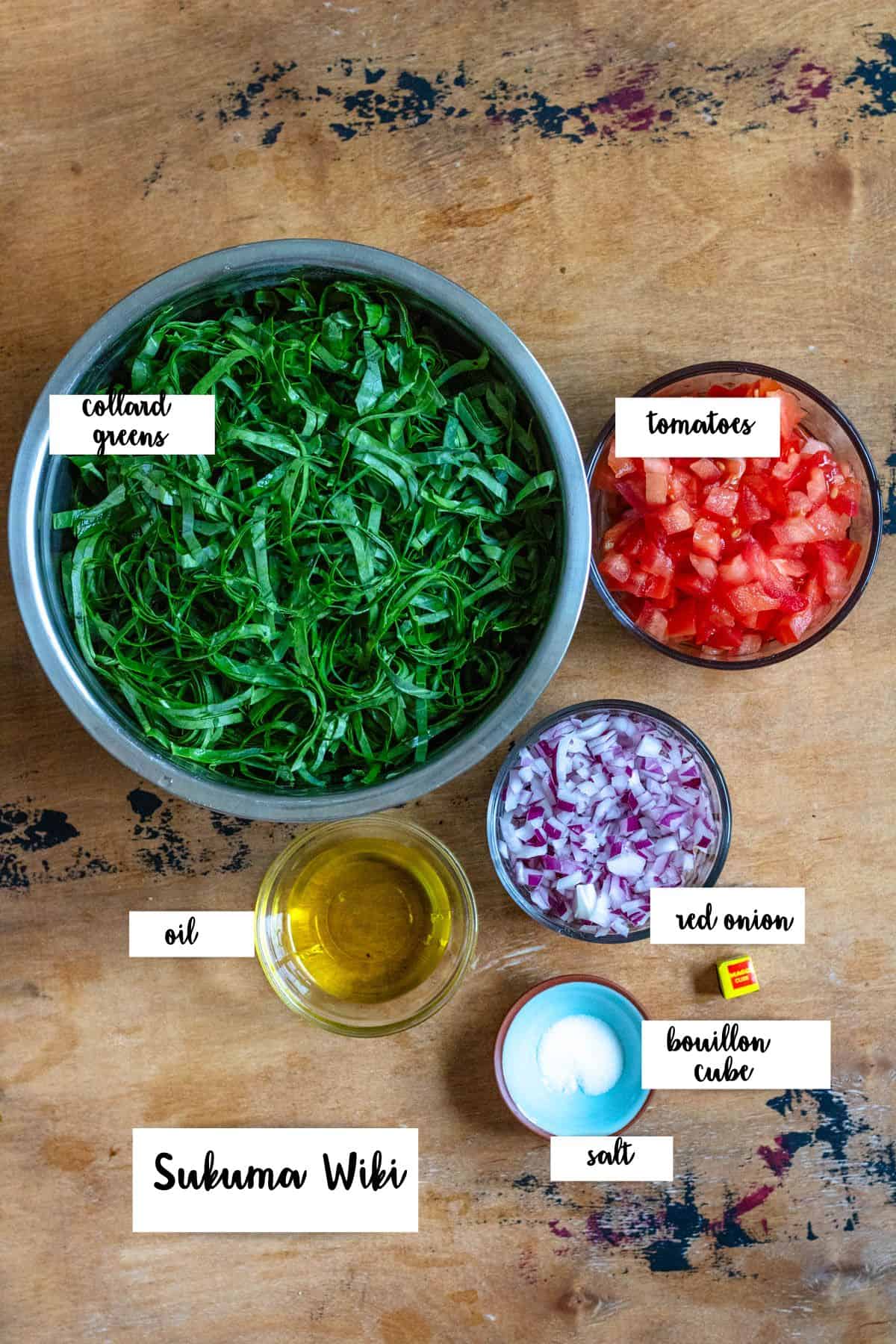 Ingredients shown are used to prepare sukuma wiki. 