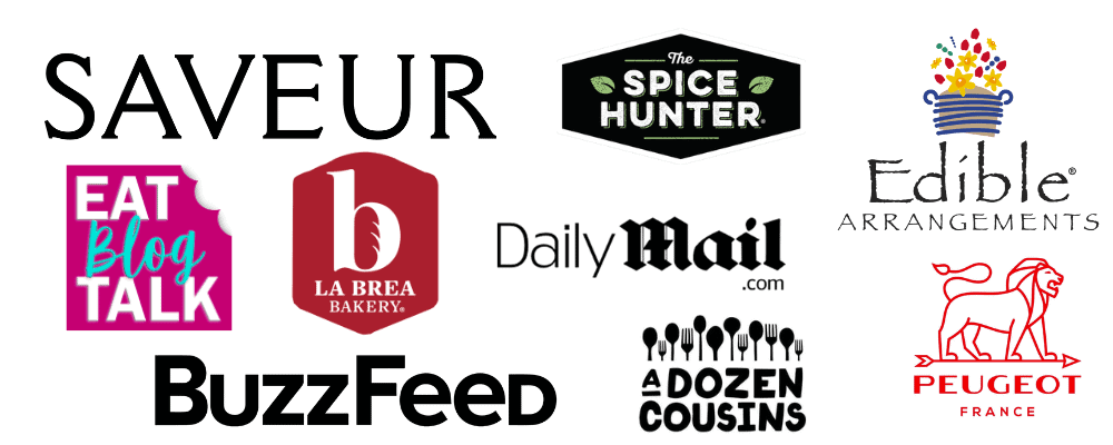 Logo collage featuring brands like Saveur, The Spice Hunter, Buzzfeed, Peugeot, etc. 