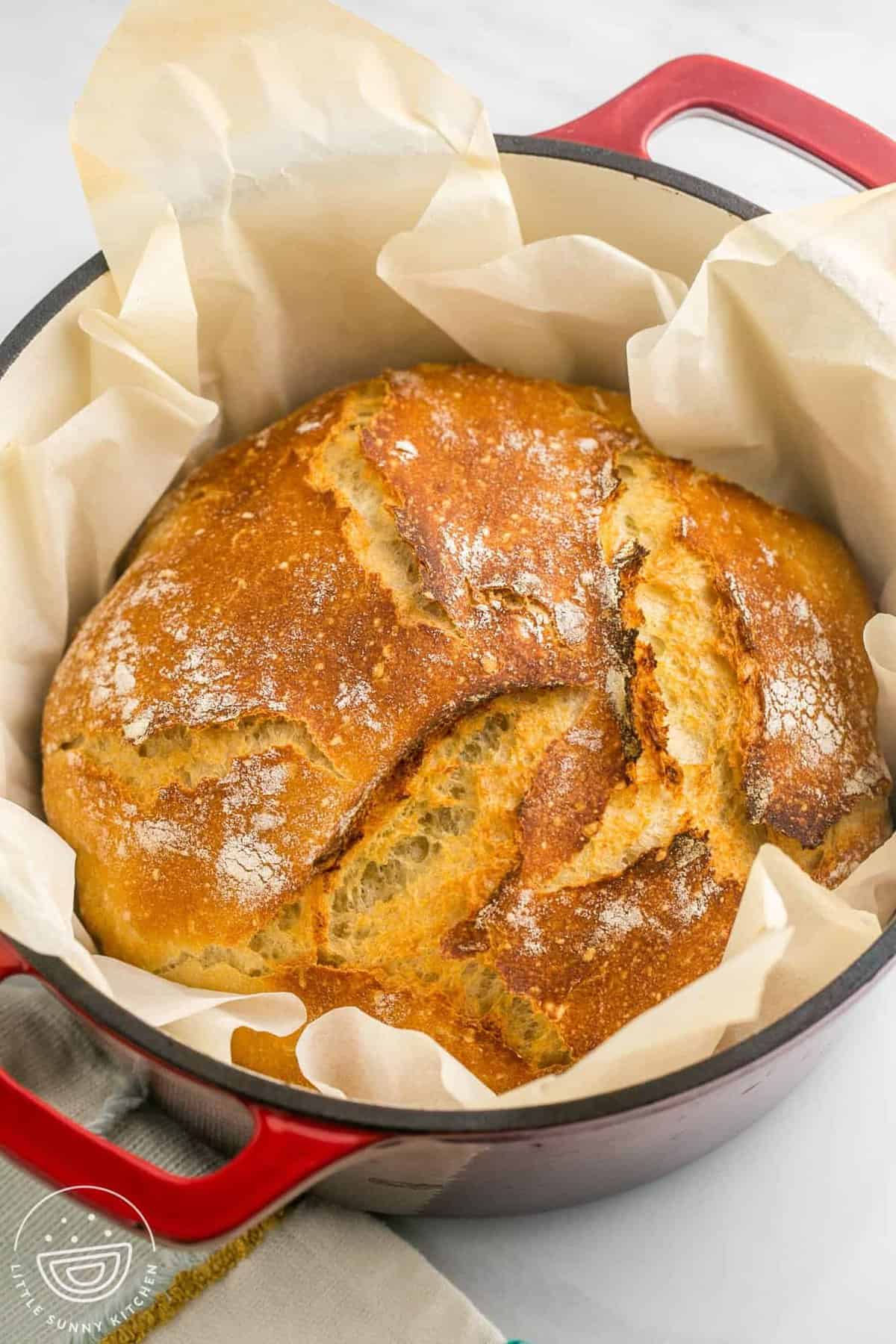 Easy no knead bread golden brown baked in a Dutch oven pan. 