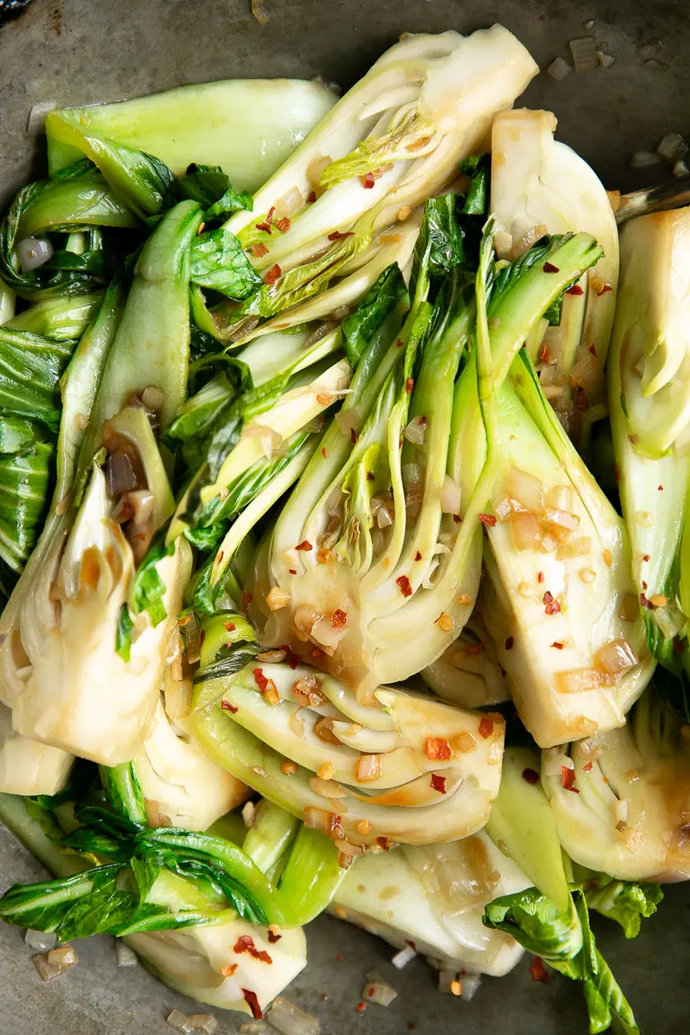 Garlic bok choy peppered with red pepper flakes.