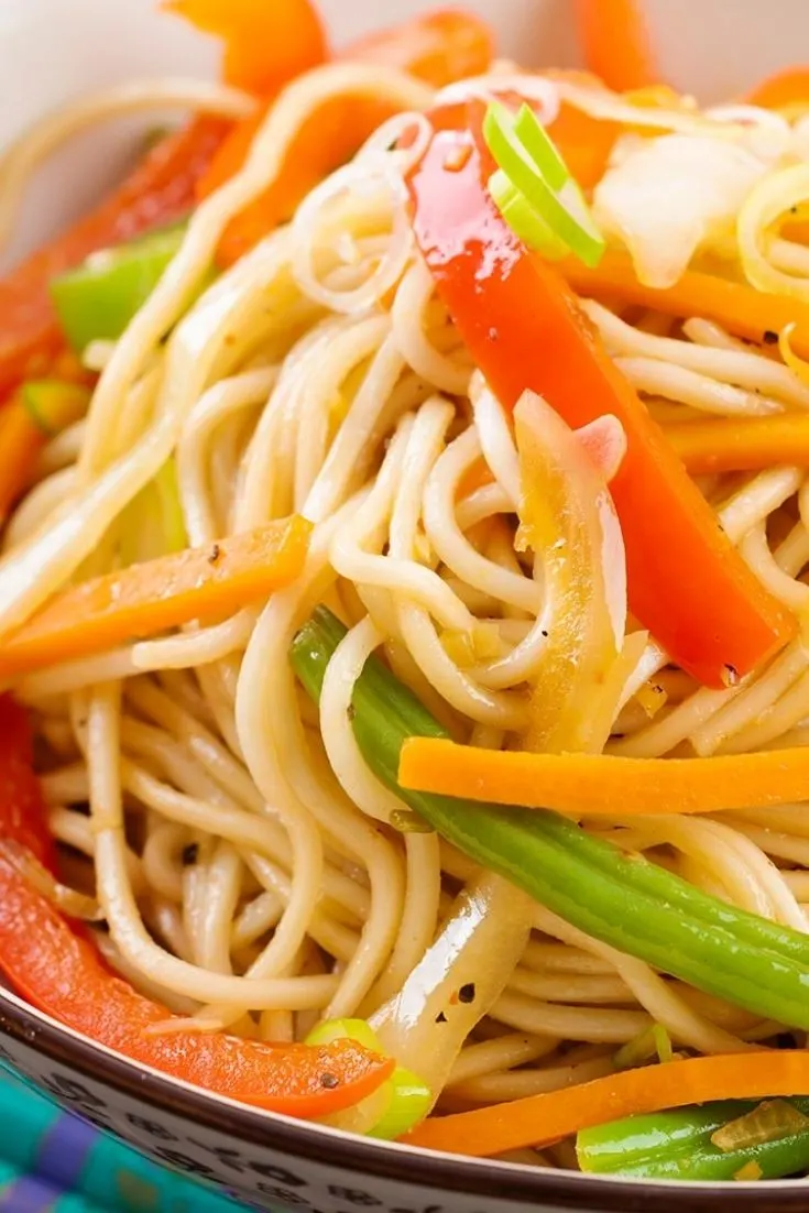 Close up of Vegetable Hakka Noodles with bell peppers, onions and green onions. 