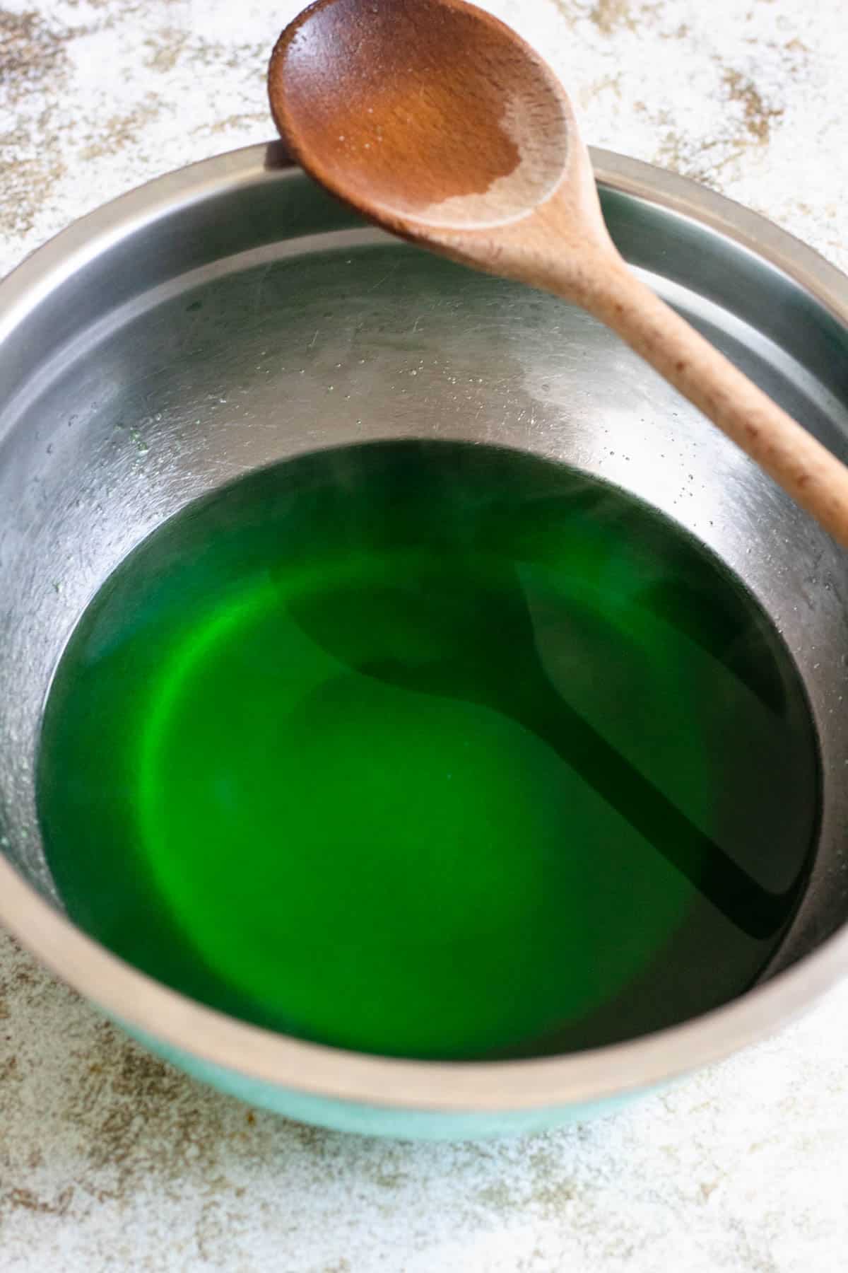 Lime jello dissolved into boiling water. 