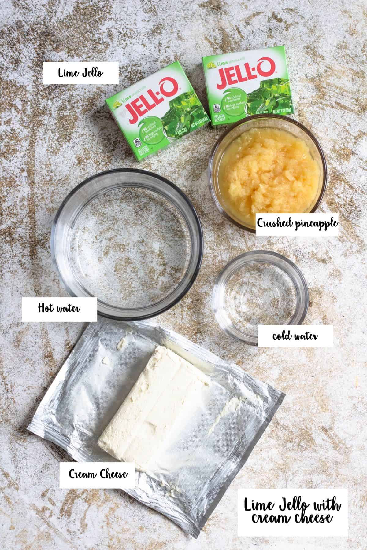 Ingredients shown are used for a lime jello salad. 