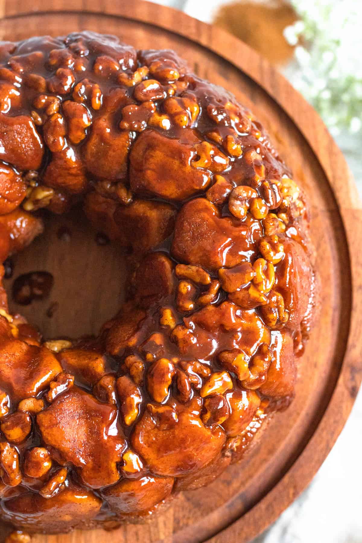 Top view of monkey bread on a cake stand. 