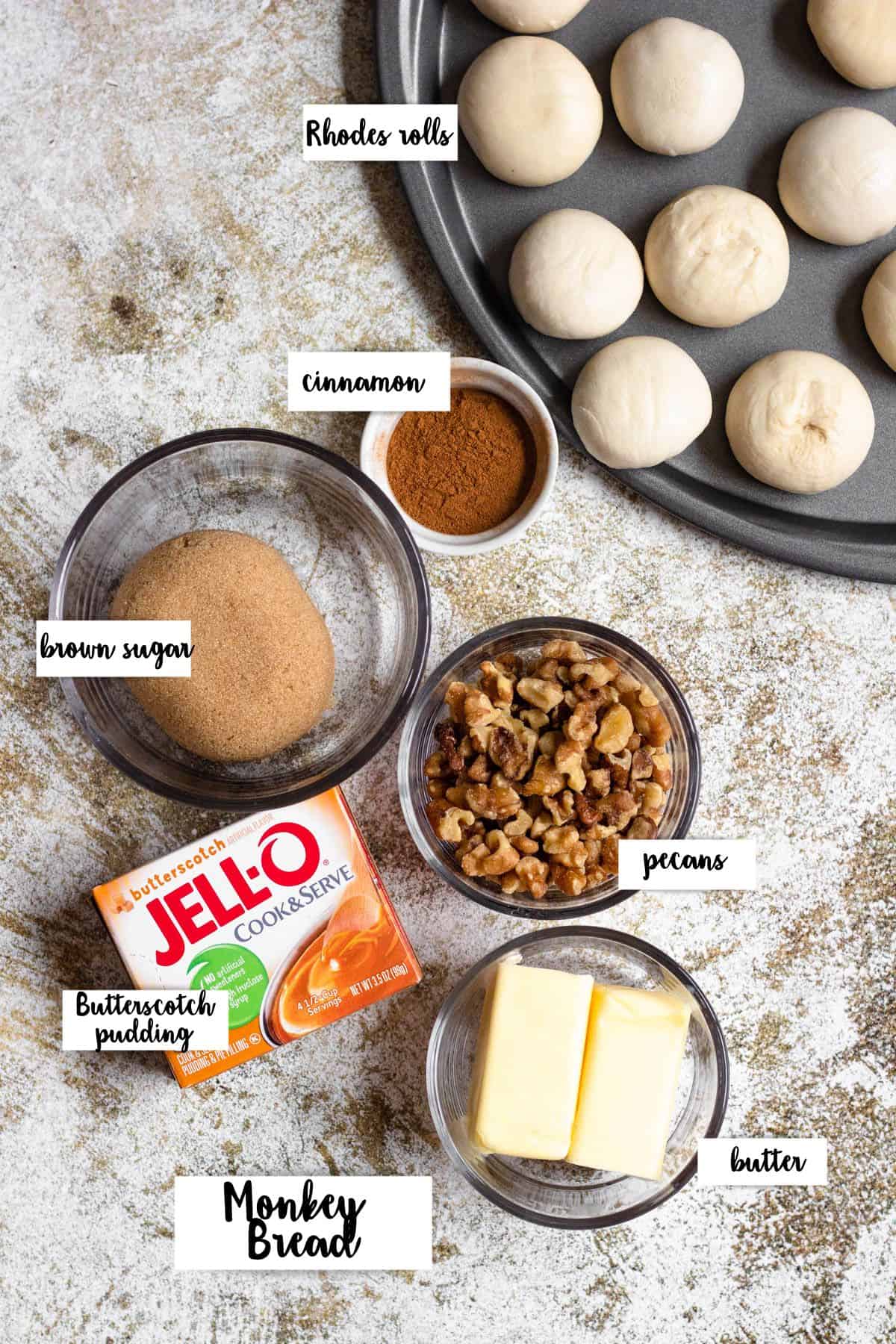 Ingredients shown are used to prepare monkey bread. 