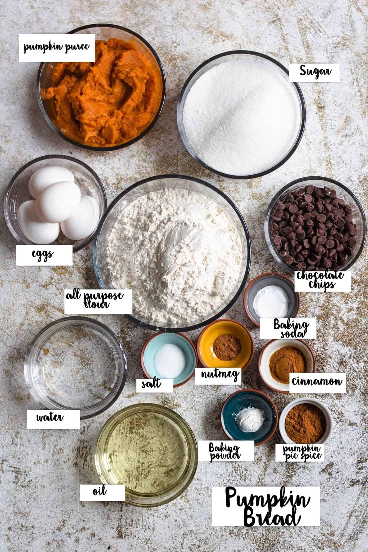 Ingredients shown are used to bake up a loaf of pumpkin bread. 