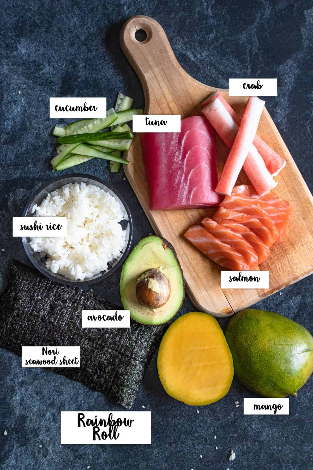 Ingredients shown are used to prepare Rainbow Sushi. 