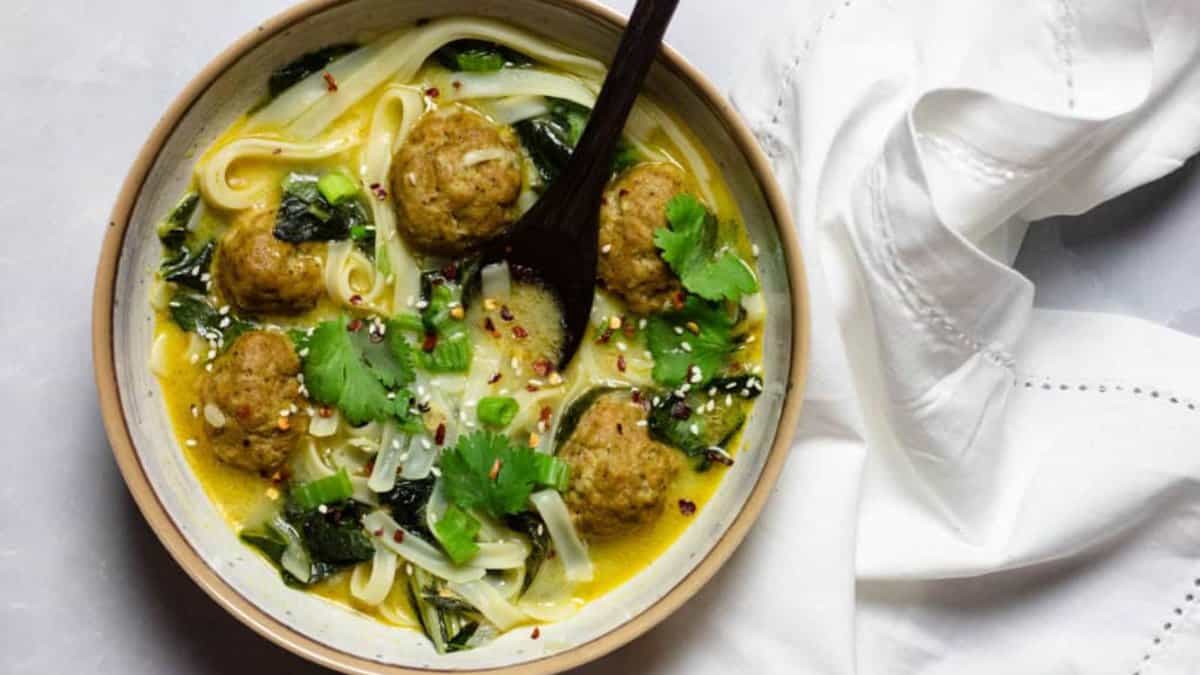 Thai-Inspired Meatball Soup with Rice Noodles