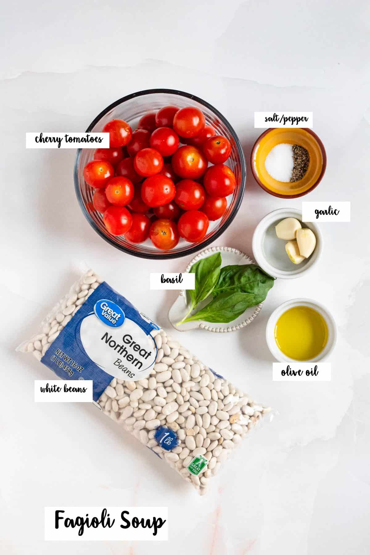 Ingredients shown are used to prepare fagioli soup or white bean soup.