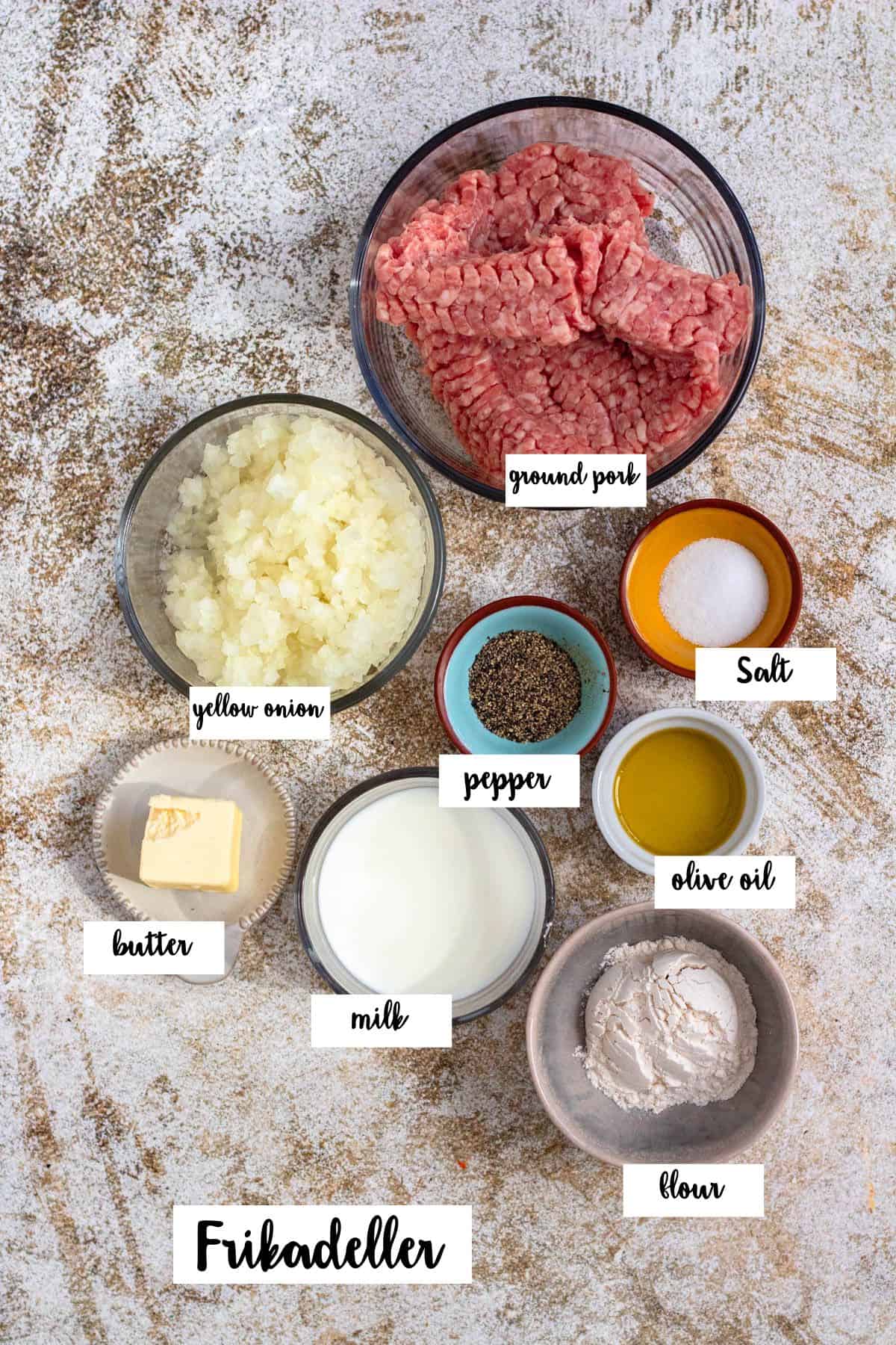 Ingredients shown are used to prepare Frikadeller recipes. 