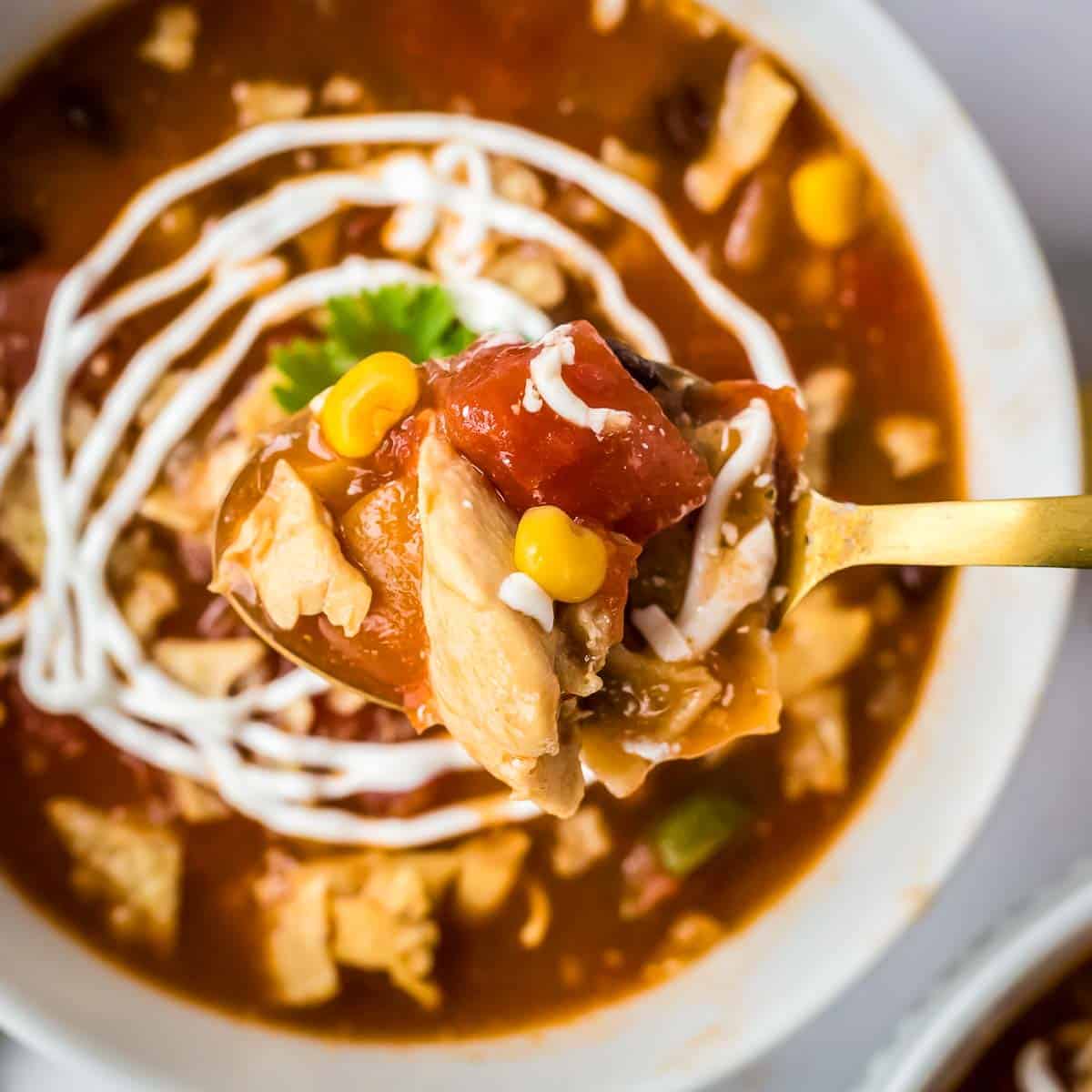 Hearty spoonful of chicken taco soup coming out of a bowl. 