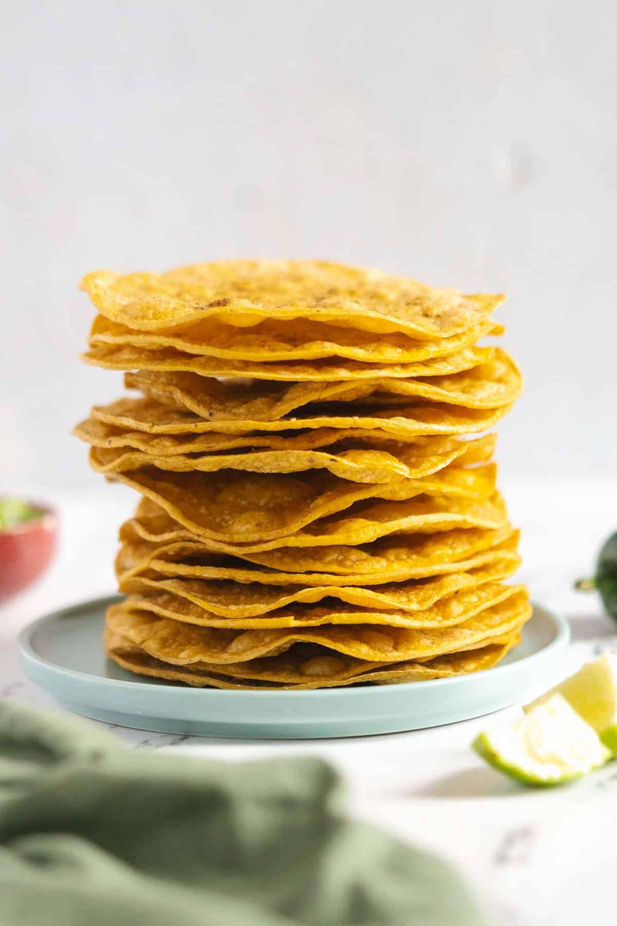 Stack of tostadas on a plate. 