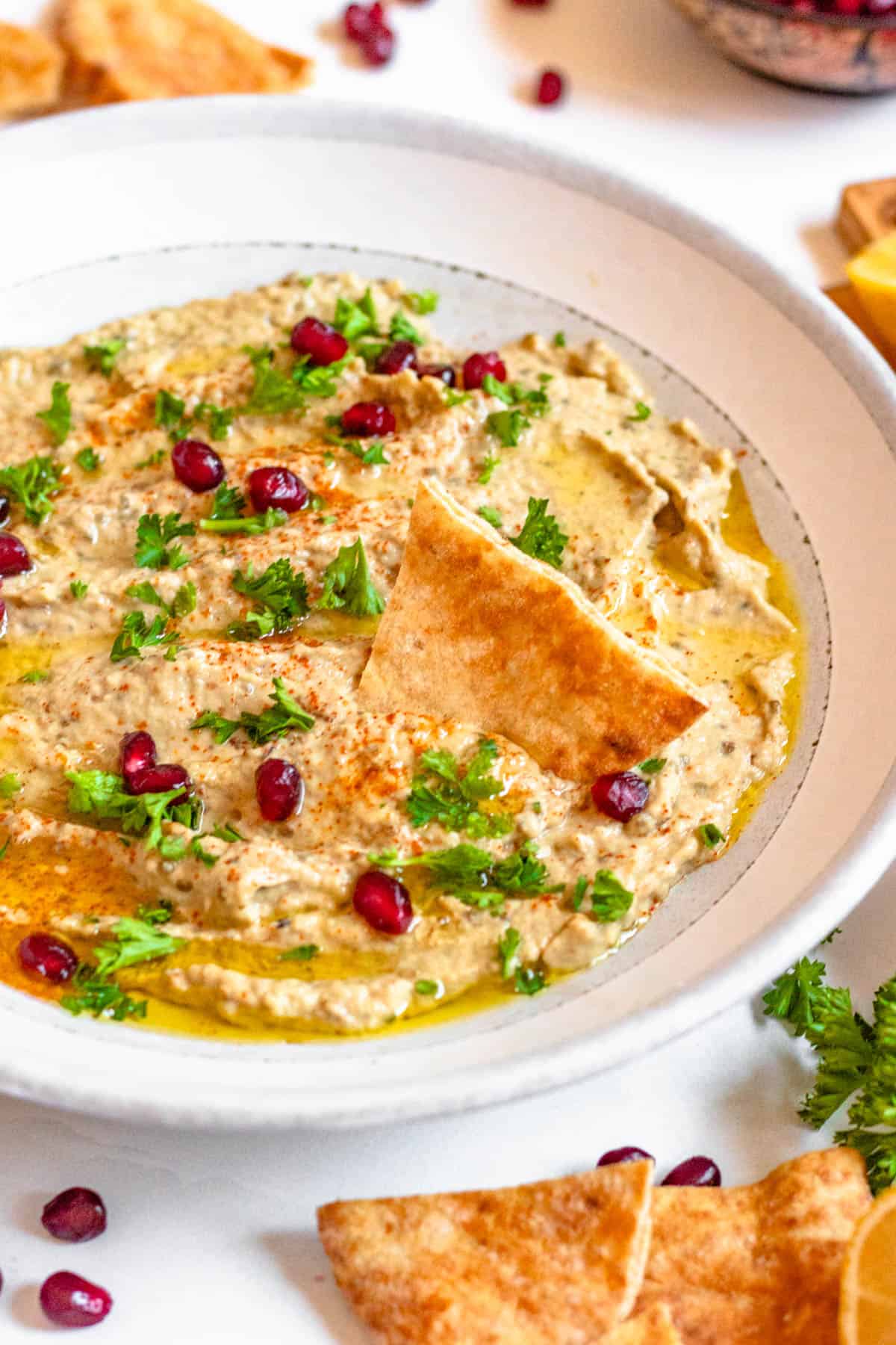 A pita chip resting in a shallow bowl of baba ganoush dip with parsley and pomegranate seeds garnished on top. 