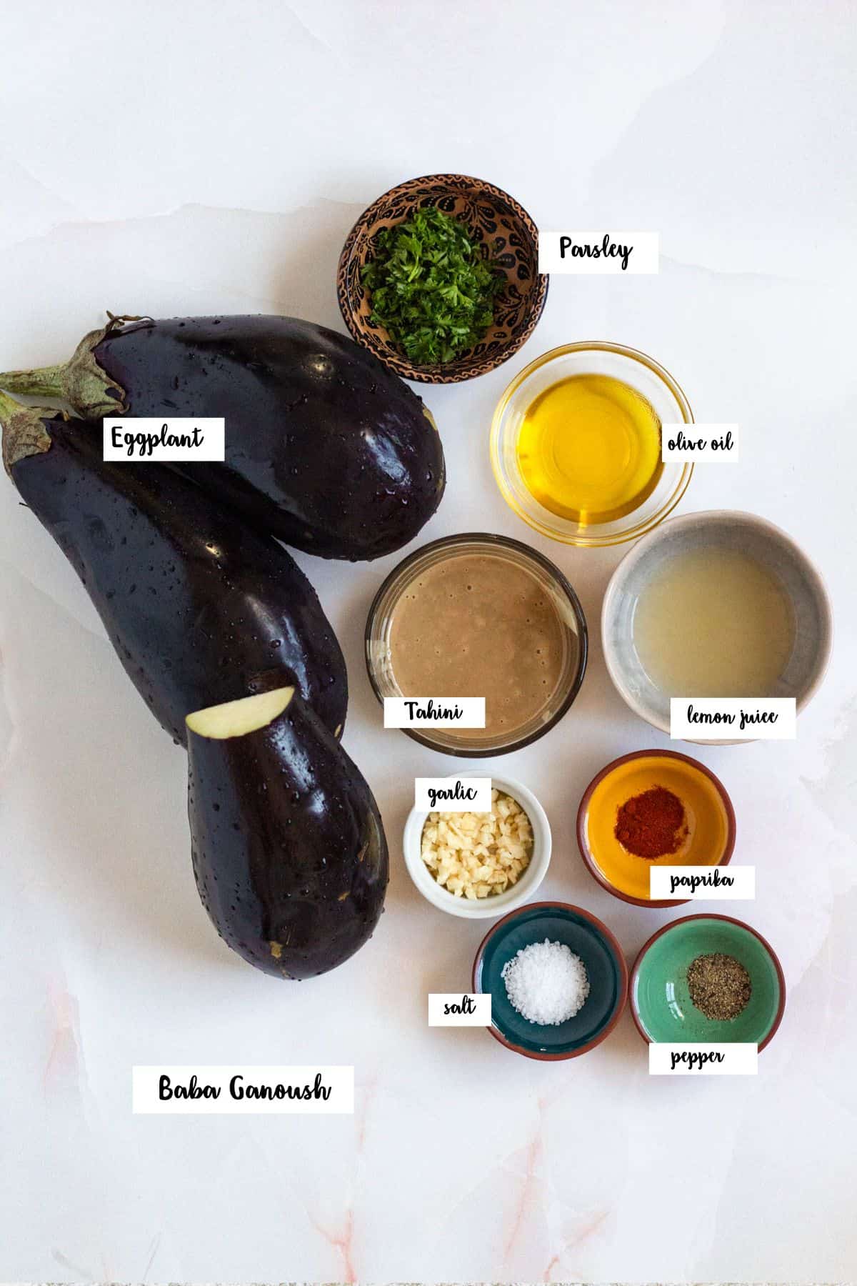 Ingredients shown are used to prepare baba ganoush. 