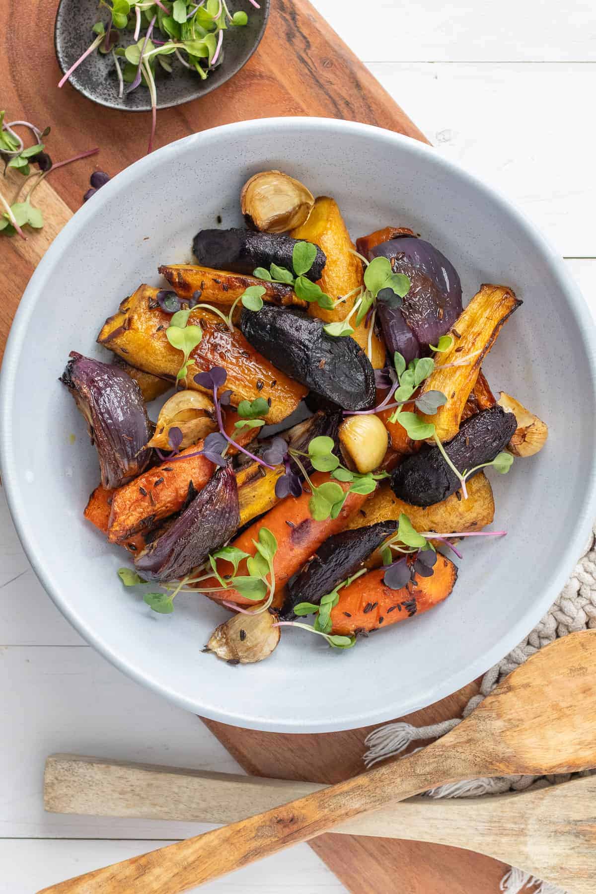 Roasted heirloom carrot salad in a bowl. 