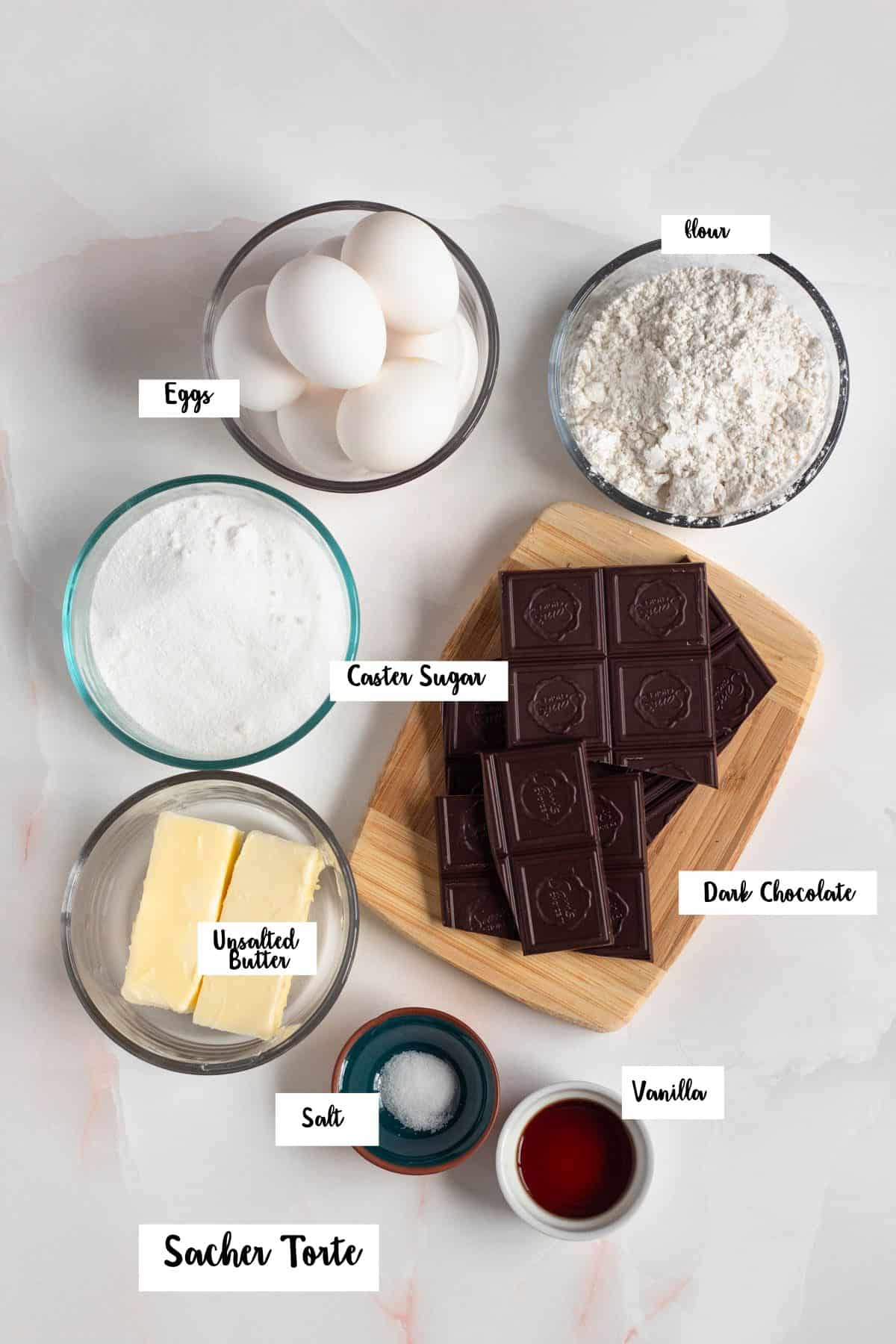 Ingredients shown are used to prepare a sacher torte layer cake. 