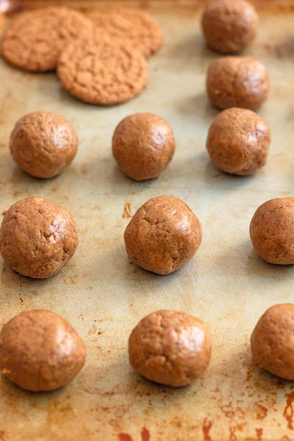 Gingerbread truffle mix rolled into balls and sitting on a baking sheet. 