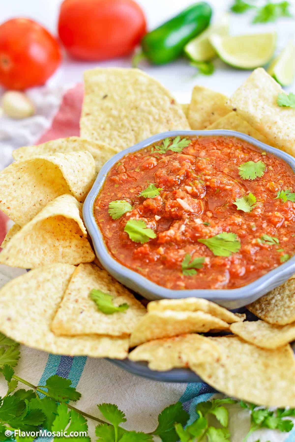 Bowl of restaurant style salsa with tortilla chips surrounding it. 