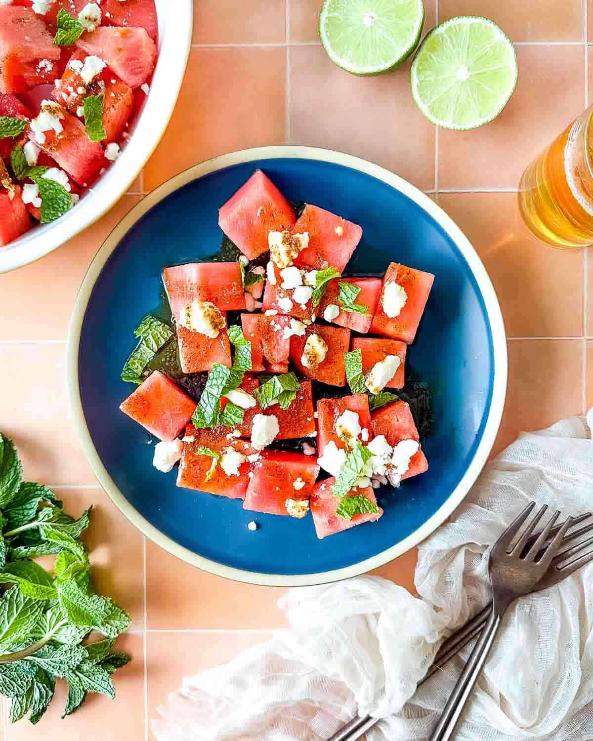 Watermelon mojito salad served on a small plate. 