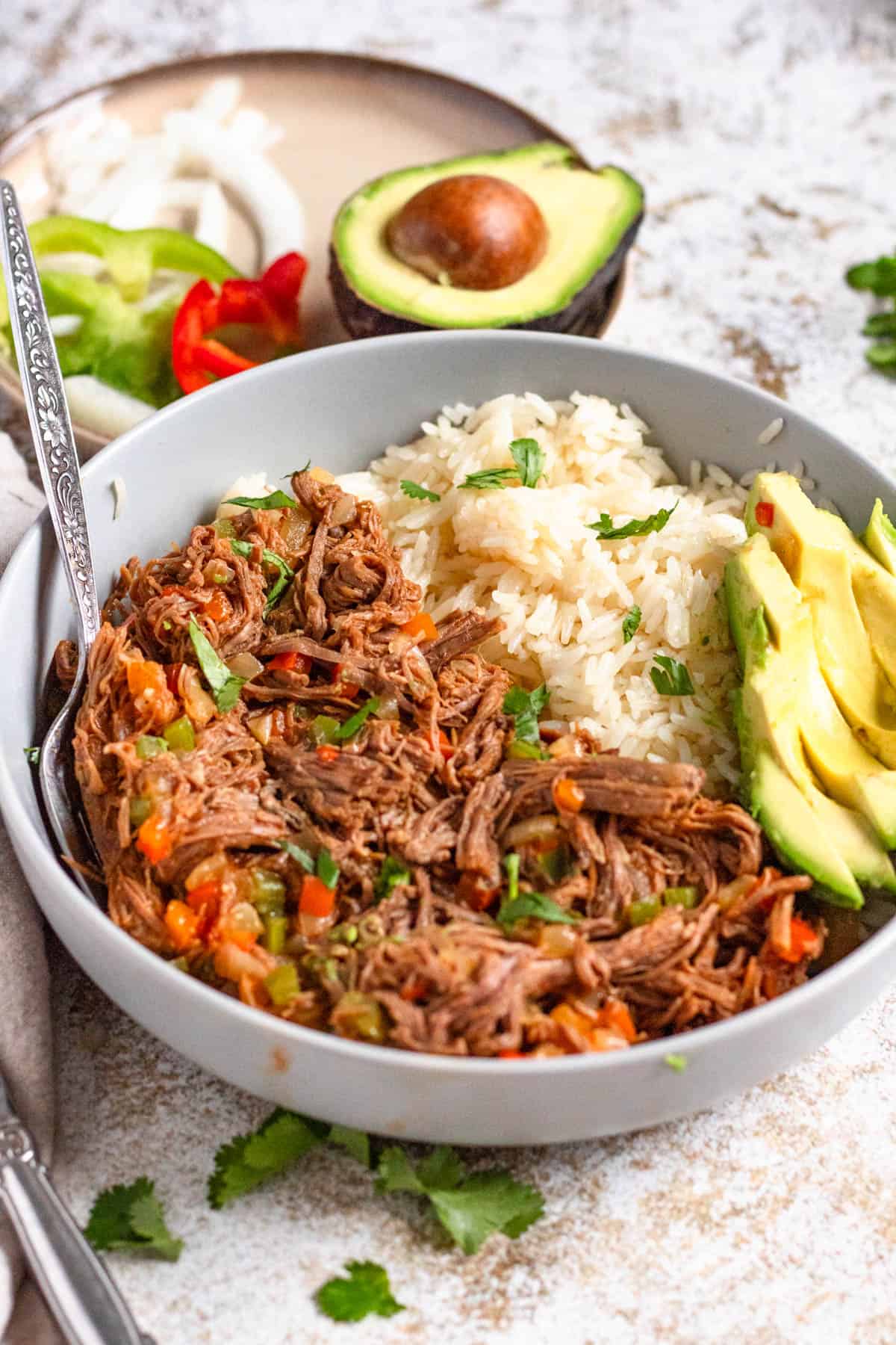 Bowl of carne mechada in a bowl with white rice and slices of avocados. 