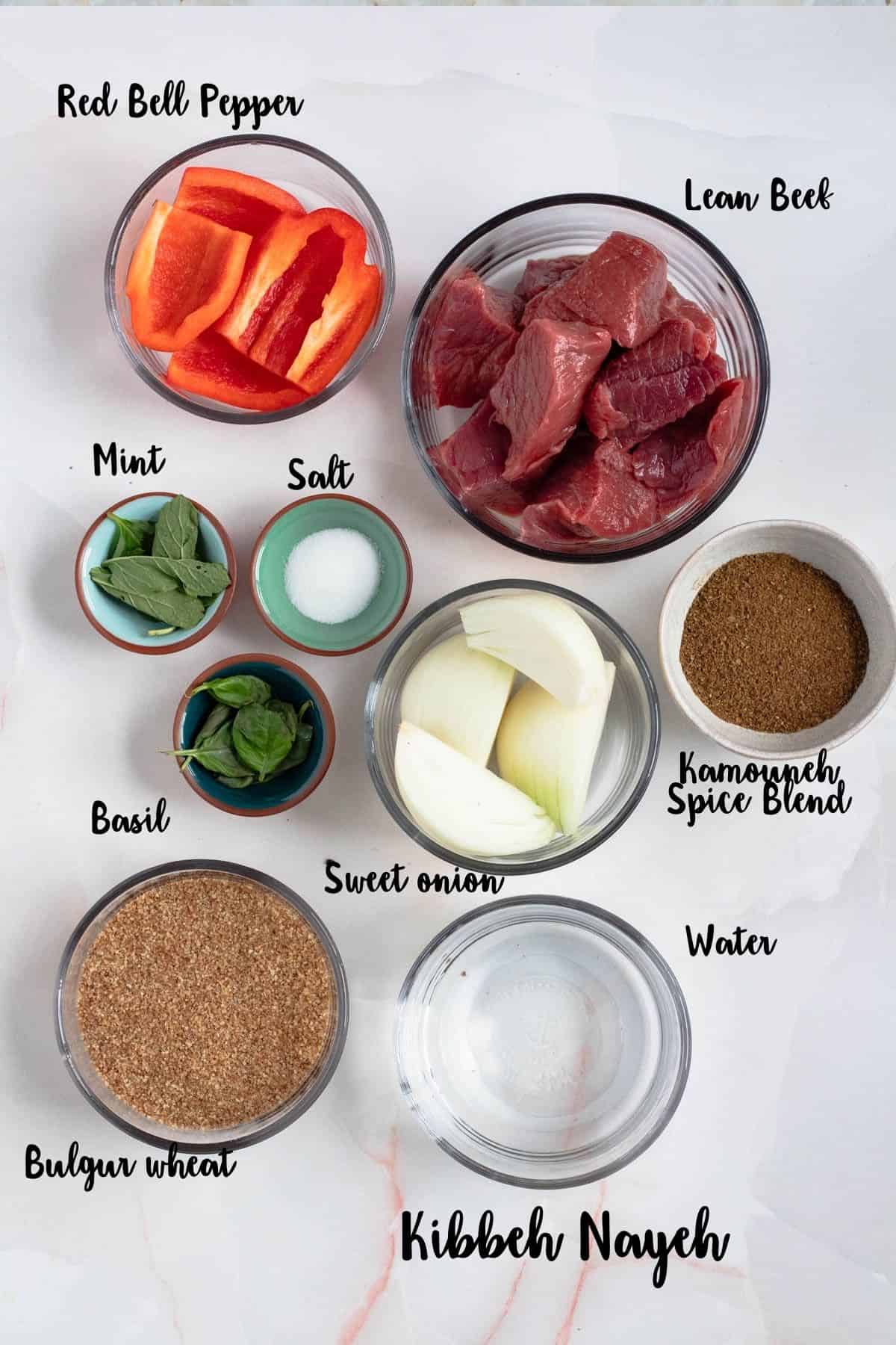 Ingredients shown are used to prepare Kibbeh Nayeh.