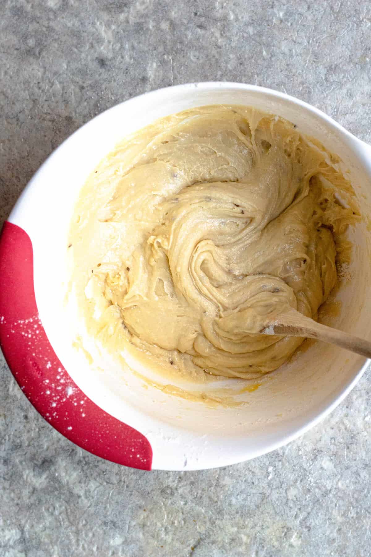 Pizzelle dough in a mixing bowl.