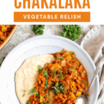 Pinterest image of the top-view shot of a spoon resting on the side of a plate of chakalaka and pap.