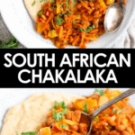 Pinterest image of a spoonful of chakalaka coming from a plate, and a top-view shot of a spoon resting on the side of a plate of chakalaka and pap.