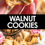 Pinterest image of a hand holding up a walnut cookie with a bite missing revealing the baked filling inside, and a stack of walnut cookies on a parchment paper-covered cutting board with a small bowl of walnuts next to it.