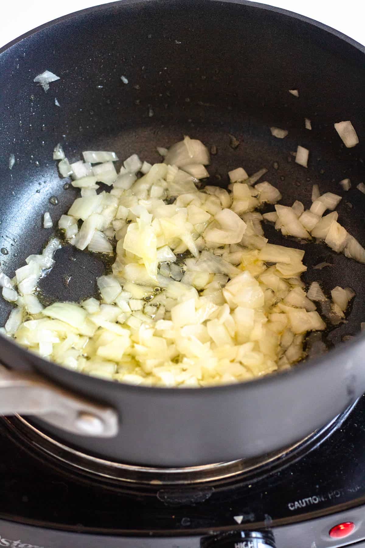 Sauteed onions in a skillet. 