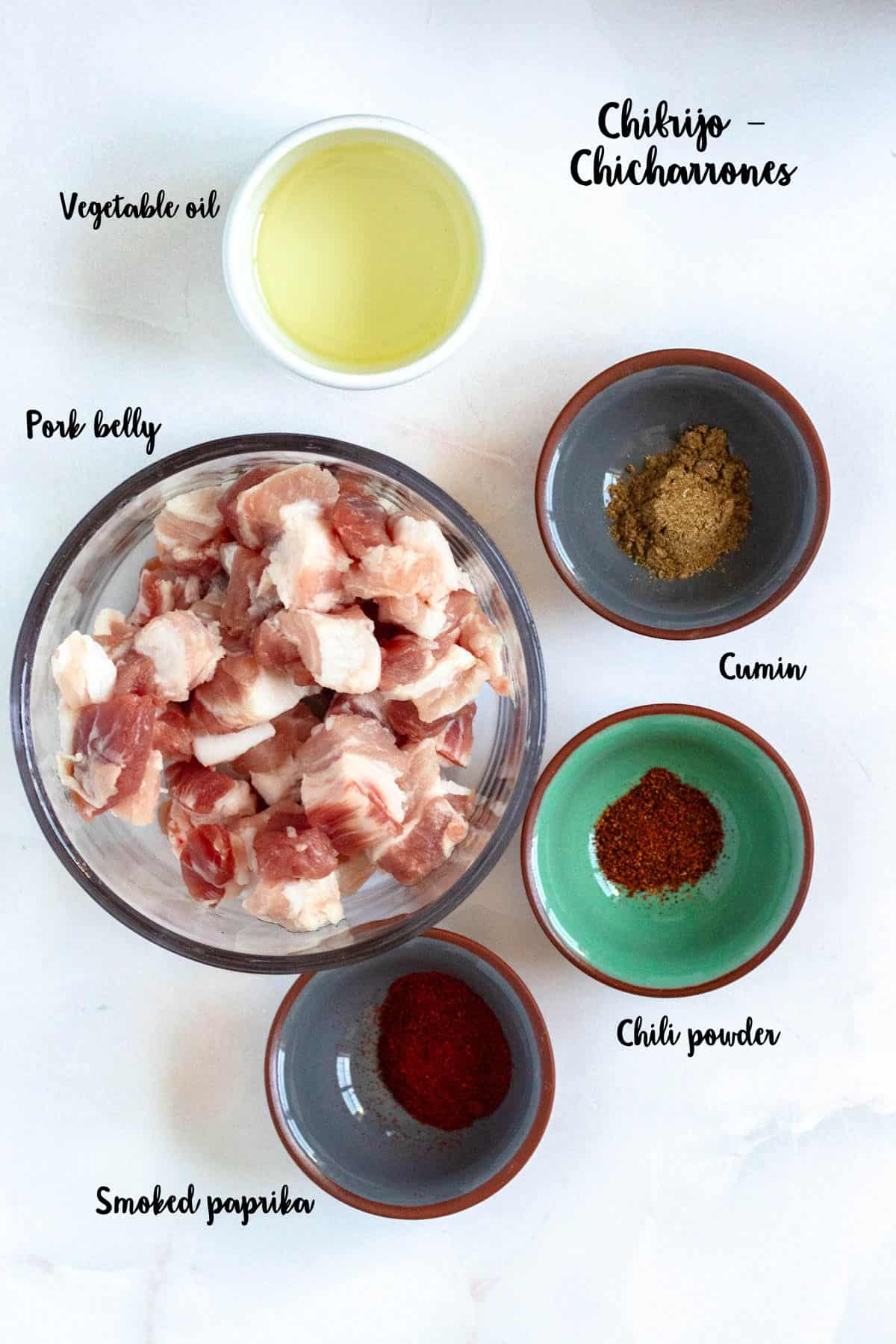Ingredients shown are used to prepare chicharrones to use in serving chifrijo. 