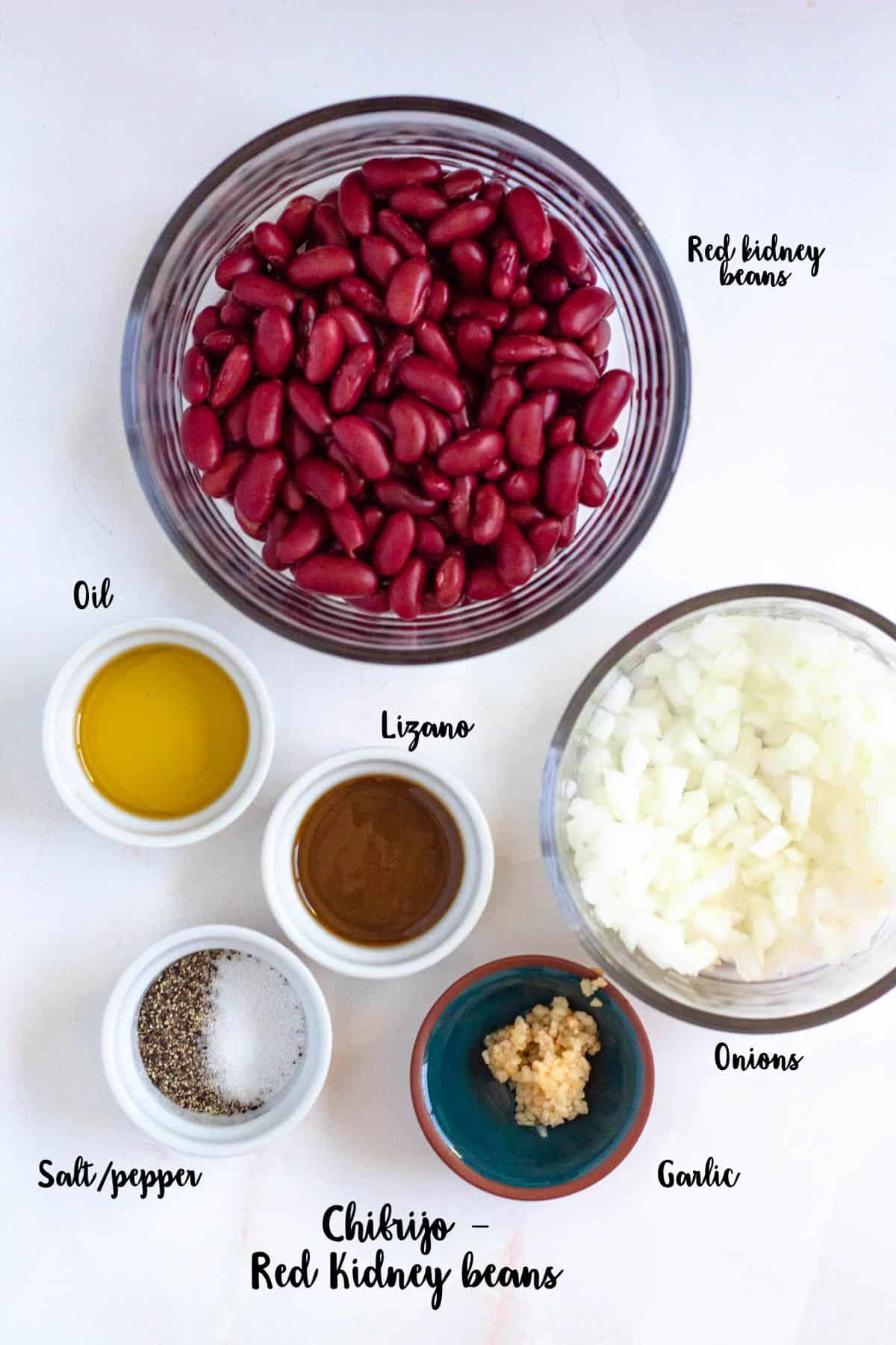 Ingredients shown are used to prepare red kidney beans to serve with chifrijo. 