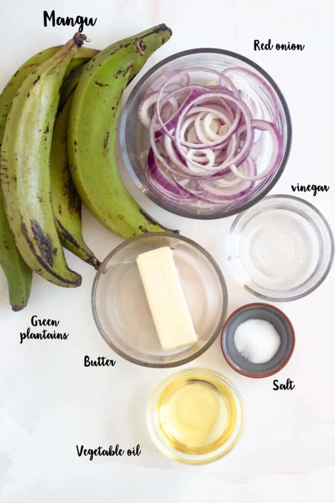 Ingredients shown are used to prepare mangu recipe. 