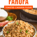 Pinterest image of a bowl of farofa sitting on a plate with a spoon resting on the side.