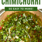 Pinterest image of a spoonful of Argentinian Chimichurri lifted off the bowl.