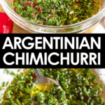 Pinterest image of a spoon dipped into a bowl of Argentinian Chimichurri, with a spoonful lifted off the bowl.