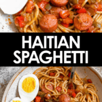 Pinterest image of a plate of Haitian Spaghetti with a boiled egg, halved, garnished on the side.