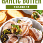 Pinterest image of a close-up shot of a bowl of Escargot with seasonings added to a snail shell.