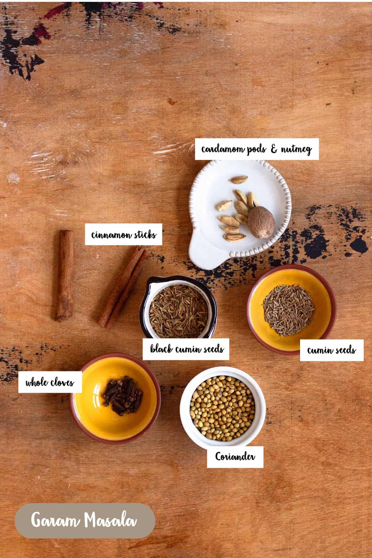 Ingredient shot of ingredients to make Garam Masala.