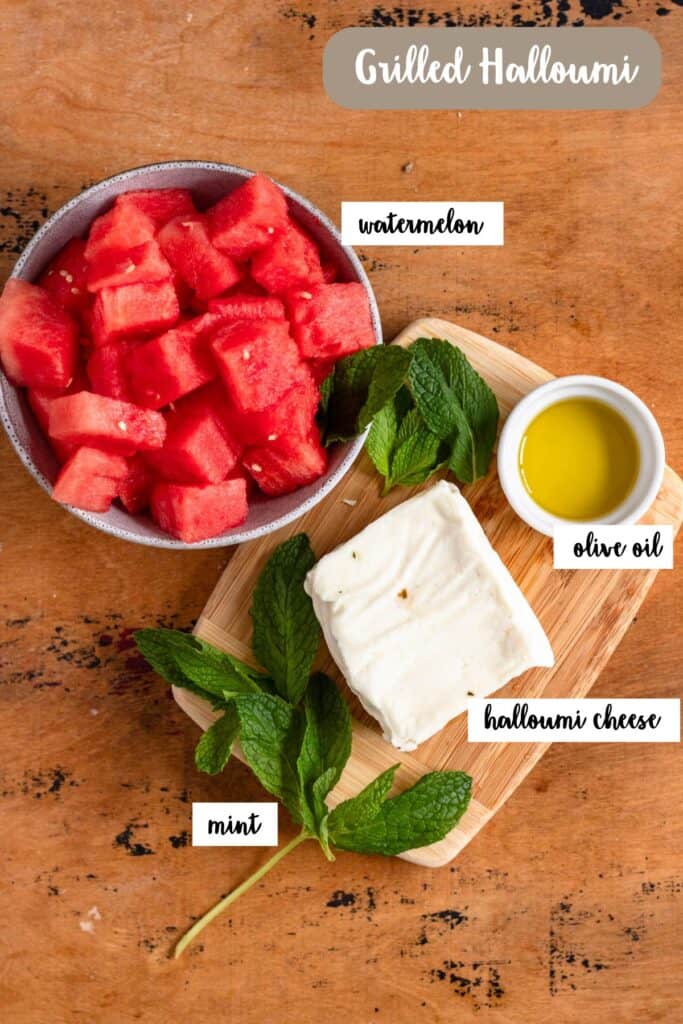 Ingredient shot of the ingredients used to make grilled halloumi.
