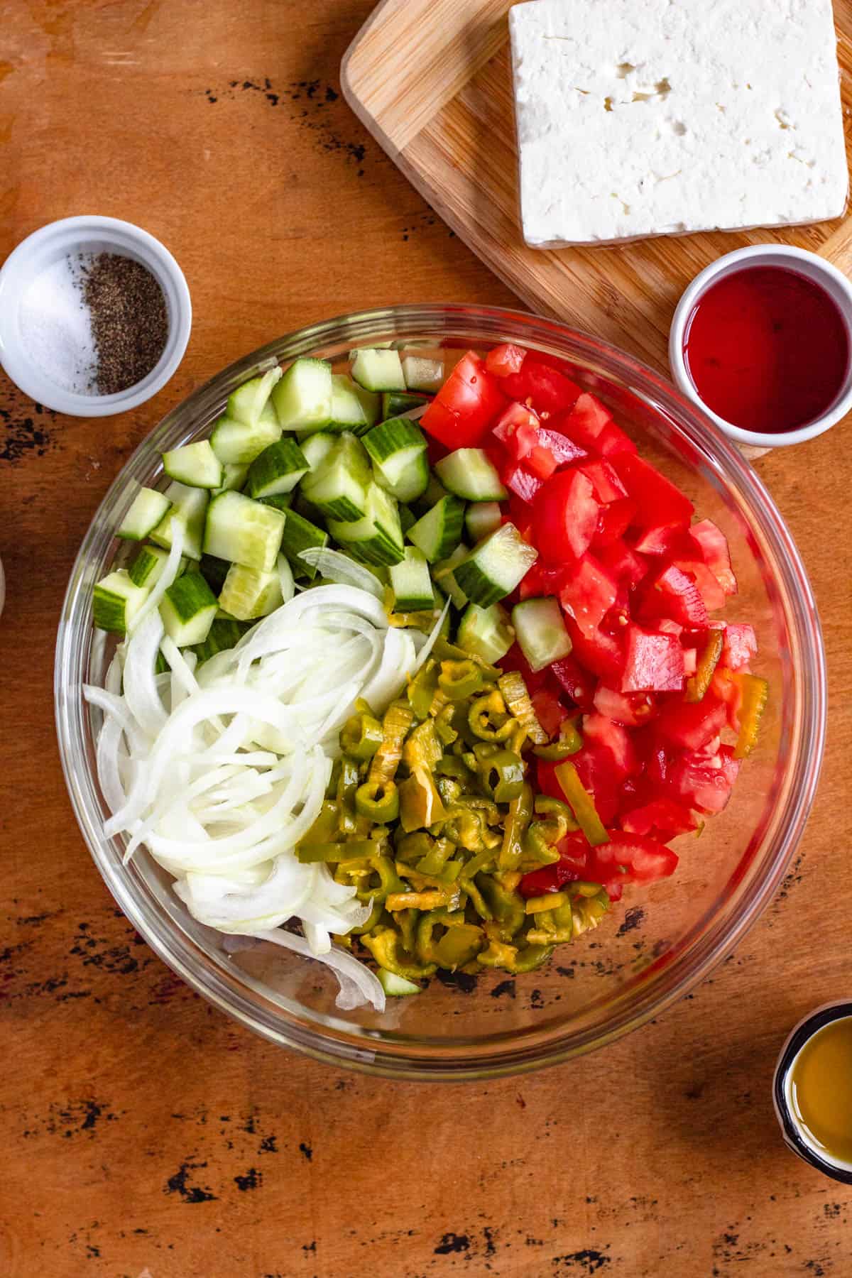 All ingredients of shopska salad were mixed in a large bowl.