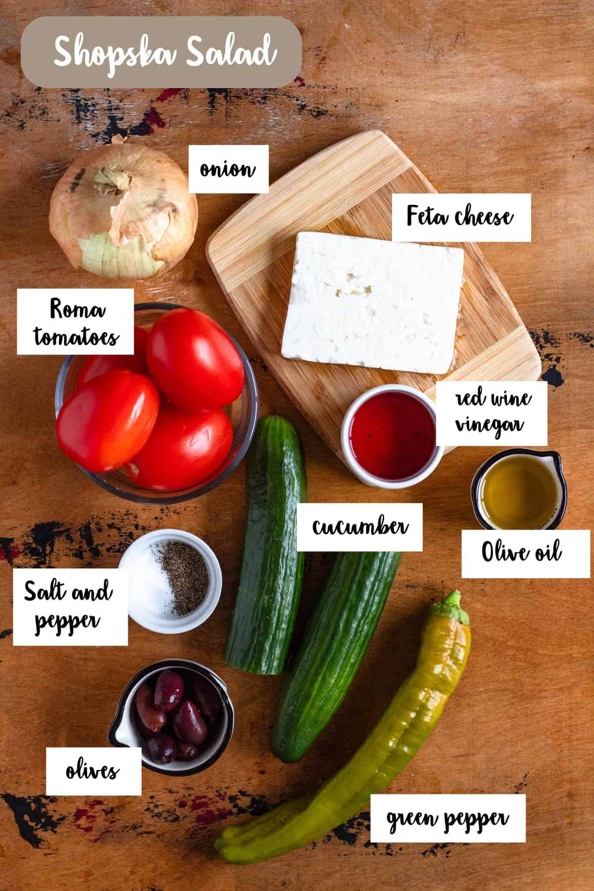 Ingredient shot of the ingredients used to make shopska salad.