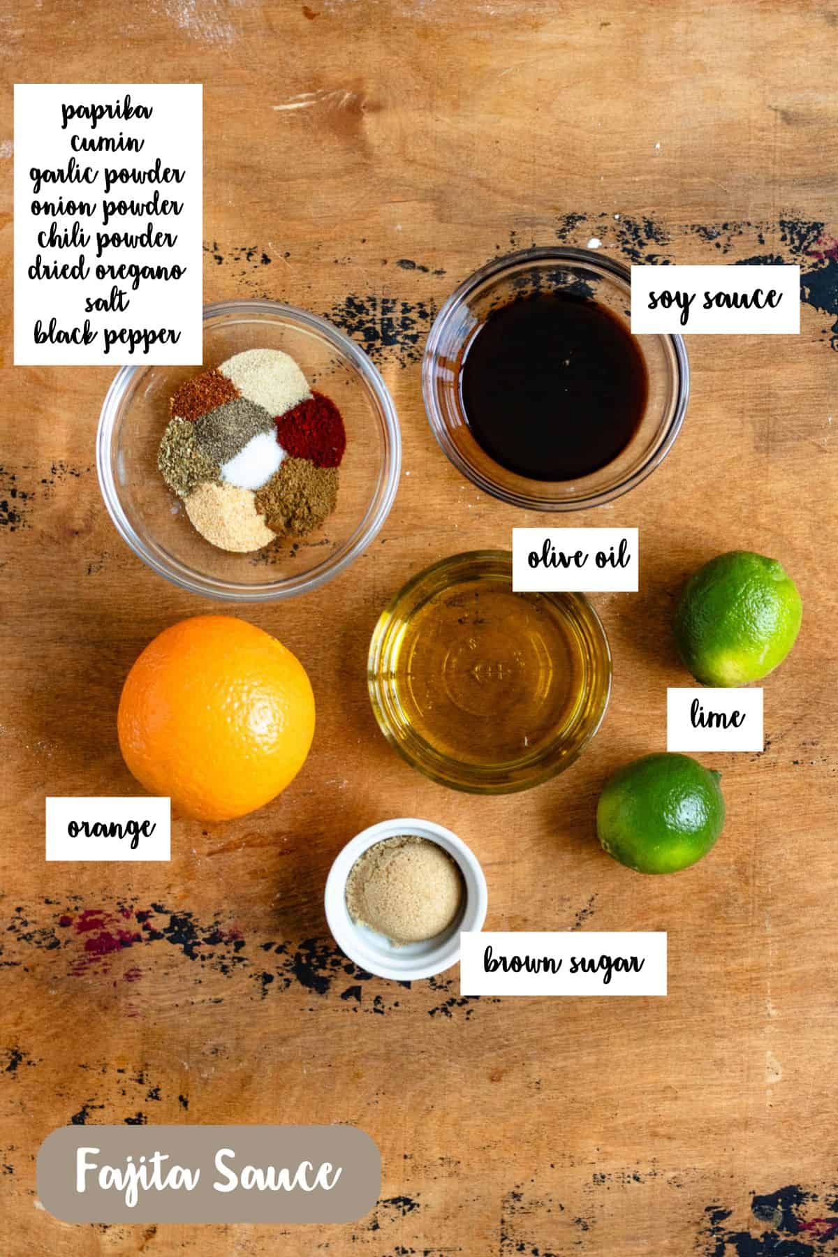 Ingredient shot of the ingredients used to make fajita sauce.