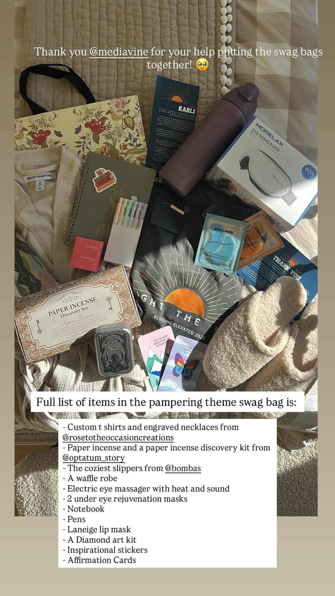 Swag bag items laid out on a bed with text tagging each item