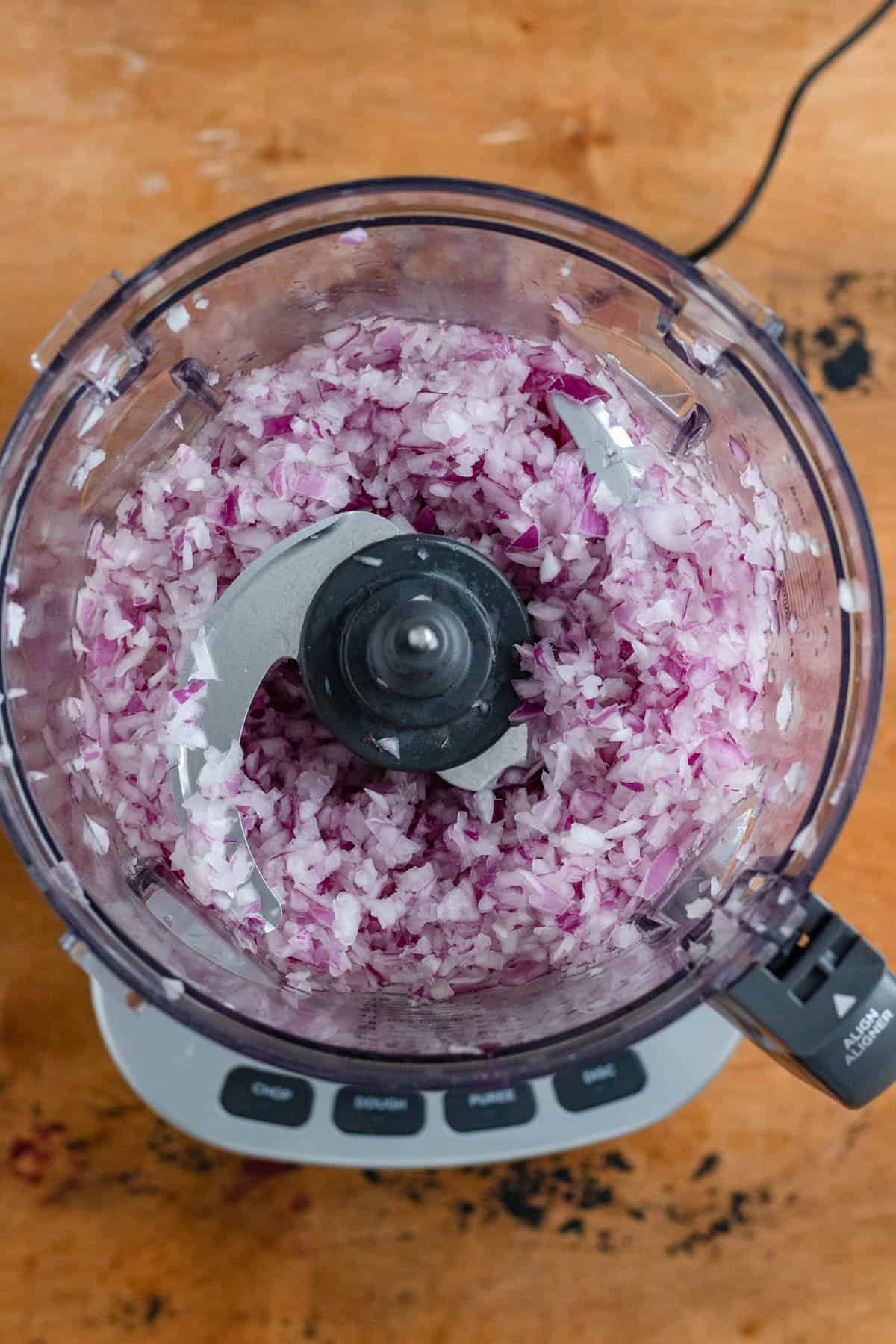 Diced onions in a blender.