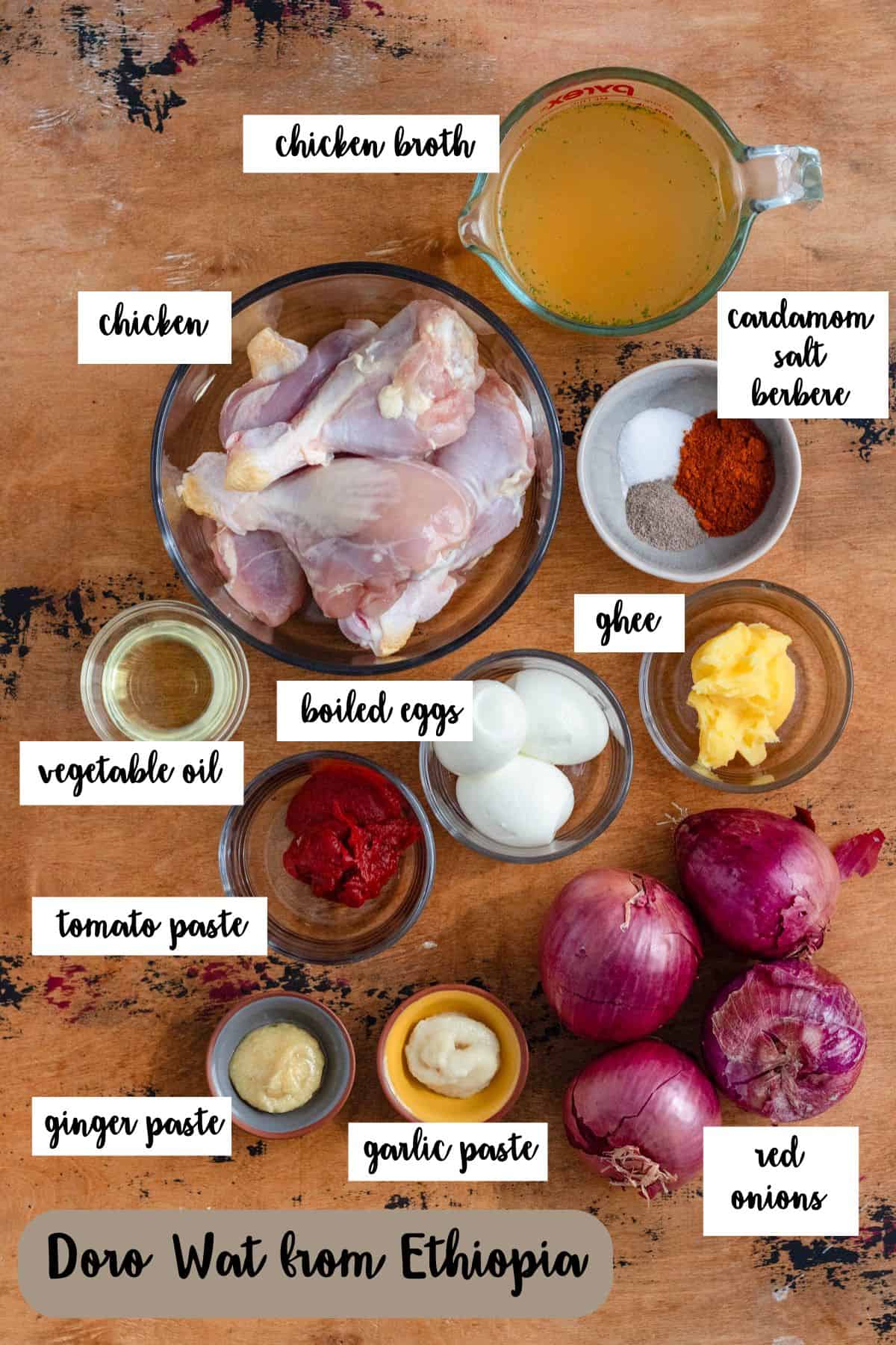 Ingredient shot of ingredients to make Doro Wat from Ethopia.