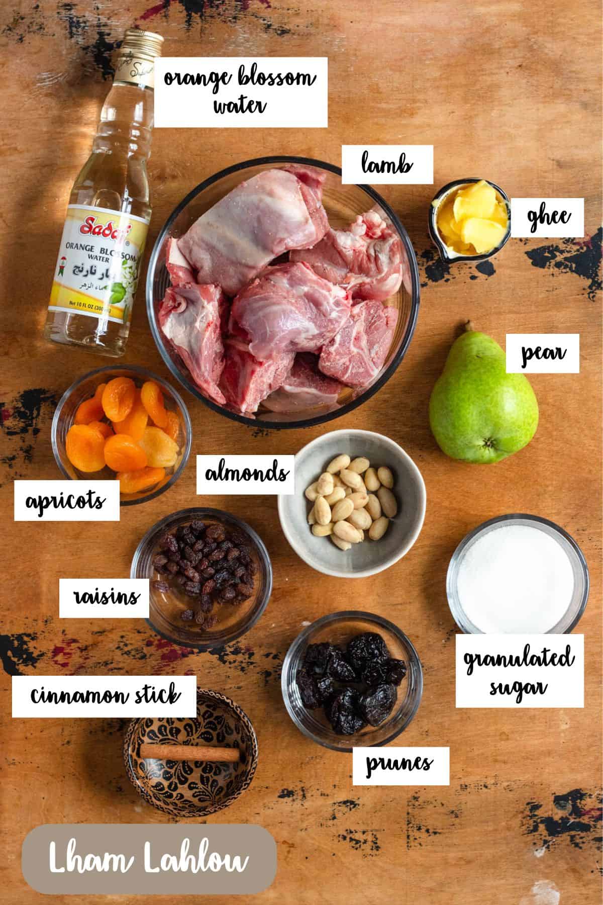 Ingredient shot of ingredients to make Lamb Tagine.